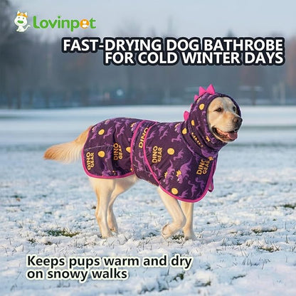 LovinPet 3‑in‑1 Dog Warm Winter Coat & Bathrobe, Hooded Dinosaur Fleece, Lightweight High‑Loft, Absorbent Knit, Quiet Hook‑and‑Loop, Wind‑Blocking Edges, Dog Robes for Medium & Large Dogs, Purple,XL