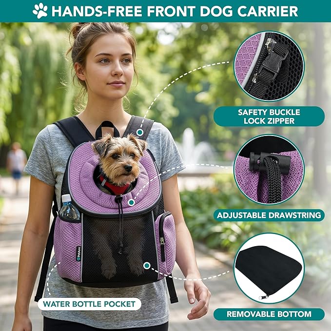 PetAmi Adjustable Cat & Dog Front Chest Carrier Backpack, Ventilated for Hiking & Camping, Max 14 lbs, Purple