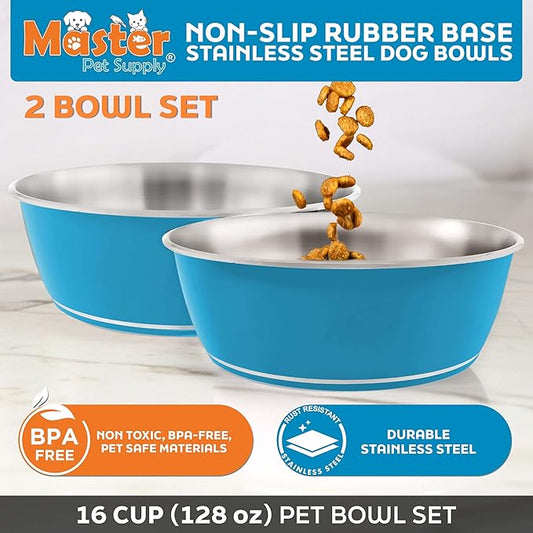 Master Pet Supply Stainless Steel Dog Bowls Set of 2 (128 Oz Each) with Non-Slip Rubber Base - True Blue - Basic Dog Food Bowl Water & Food Bowls for Small Medium Large Dogs & Cats, Metal Dish