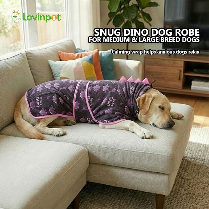LovinPet 3‑in‑1 Dog Warm Winter Coat & Bathrobe, Hooded Dinosaur Fleece, Lightweight High‑Loft, Absorbent Knit, Quiet Hook‑and‑Loop, Wind‑Blocking Edges, Dog Robes for Medium & Large Dogs, Blue,2XL