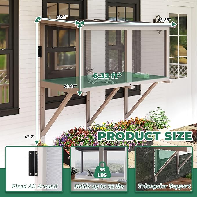 Catio Cat Window Box, Wooden Cat Catio for Indoor Cats, Window Enclosure for Sunbathing, Napping, Overlooking, Keeps Insects Out