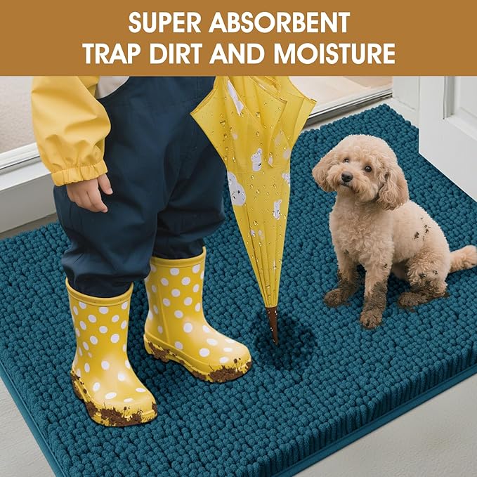 IM HOME Extra Large Dog Door Mats for Muddy Paws, 60" x 36" Chenille Absorbent Mud Mat for Dogs, Non Slip Heavy Indoor Door Mat for Dogs, Soft Dog Mat for Entryway, Mud Paw, Inside Floor, Teal Blue