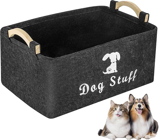 Dog Toy Basket, Felt Dog Toy Bin Box with Handle, Foldable Pet Toy Storage Container for Cat Puppy Toy (25×38×18 cm)