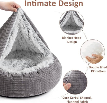 MIXJOY Small Dog Bed Cat Bed with Blanket Attached, Round Hooded Cozy Dog Cave Beds for Small Dogs, Soft Plush Cuddler Puppy Pet Bed, Anti-Slip Bottom, 23inch