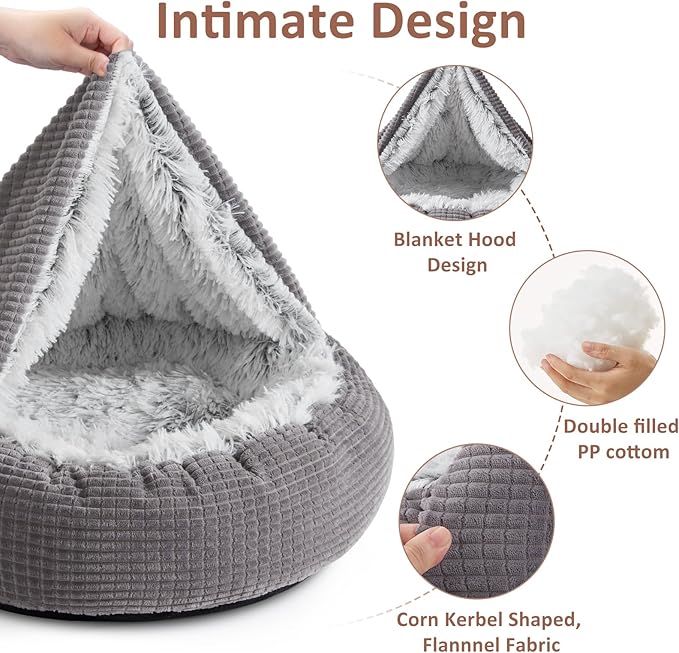 MIXJOY Dog Bed with Blanket, Round Calming Cozy Cave for Medium Dogs, Soft Plush Cuddler Puppy Bed and Burrow Cave, Anti-Slip Bottom, 26inch