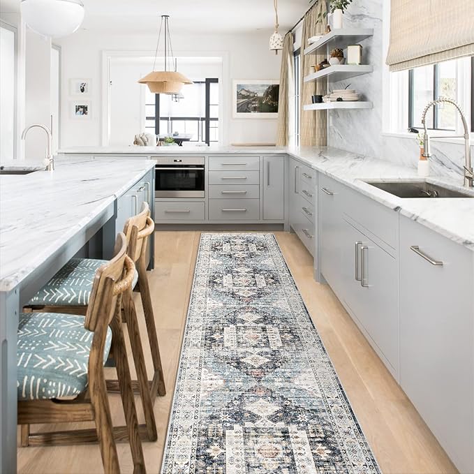 RUUGME 2'6x12 Washable Runner Rug - Hallway Runner Rugs Non Slip Stain Resistant Rug Runner for Kitchen Laundry Room Vintage Distressed Mat Floor Decor Carpet for Bathroom (2'6''x12', Deep Blue)