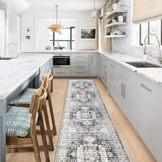 RUUGME 2'6x12 Washable Runner Rug - Hallway Runner Rugs Non Slip Stain Resistant Rug Runner for Kitchen Laundry Room Vintage Distressed Mat Floor Decor Carpet for Bathroom (2'6''x12', Deep Blue)
