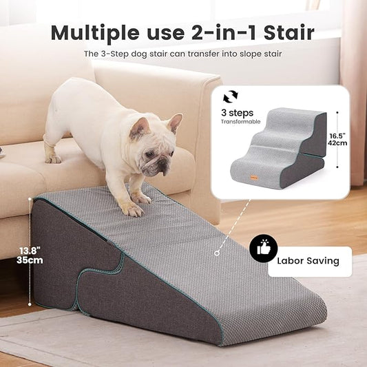 Gardner Pet Dog Stairs for Small Dogs 16.5" H, 2 in 1 Transformable 3-Step Pet Stairs and ramp, Dog Steps for Couch (13-20 in) with Durable Non-Slip Waterproof Cover and CertiPUR-US Certified Foam