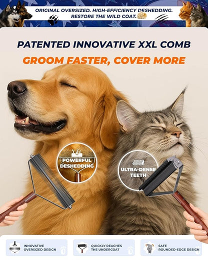 Extra Large 2-Sided Dog Brush For Shedding Undercoat Rake for Dogs & Cats & Horses, Remove Mats, Dematting Comb,Gentle Grooming Brush for German Shepherds Medium to Long-Haired Pets(Walnut Handle)