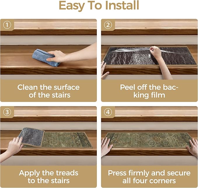 Non Slip Stair Treads for Wooden Steps 15PCS - 8"x30" Indoor Safety Carpet, Edging Mats with TPE Adhesive Backing, Pet and Elderly Friendly Stair Rugs (Olive/Brown)