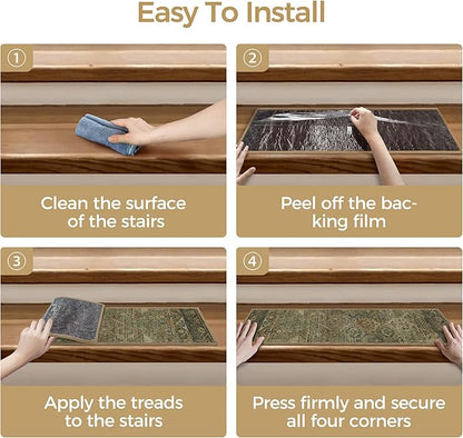 Non Slip Stair Treads for Wooden Steps 15PCS - 8"x30" Indoor Safety Carpet, Edging Mats with TPE Adhesive Backing, Pet and Elderly Friendly Stair Rugs (Olive/Brown)
