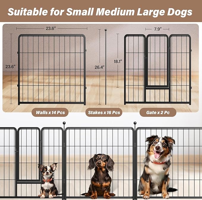 HealSmart Dog Playpen Indoor, Puppy Playpen Indoor for Yard, Camping, 24" Height 16 Panels Heavy Duty Dog Pen for Puppies/Small Dogs, Black