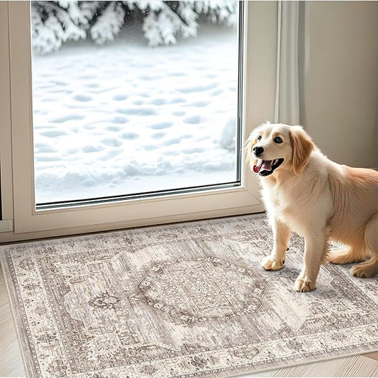 Washable 2x3 Entrance Area Rugs: Indoor Non-Slip Bathroom Mat Soft Stain Resistant Table Runners for Kitchen Laundry Dining Room Vintage Carpet for Entryway Foyer (Beige,2x3)