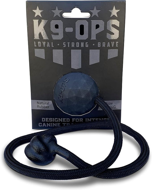 K9 Ops Dog Ball on a Rope Moki Tug Toy - Solid Rubber Fetch Training Reward - Large Dogs Tugs Durable Aggressive Chewers (Coal Black, LG/XL)