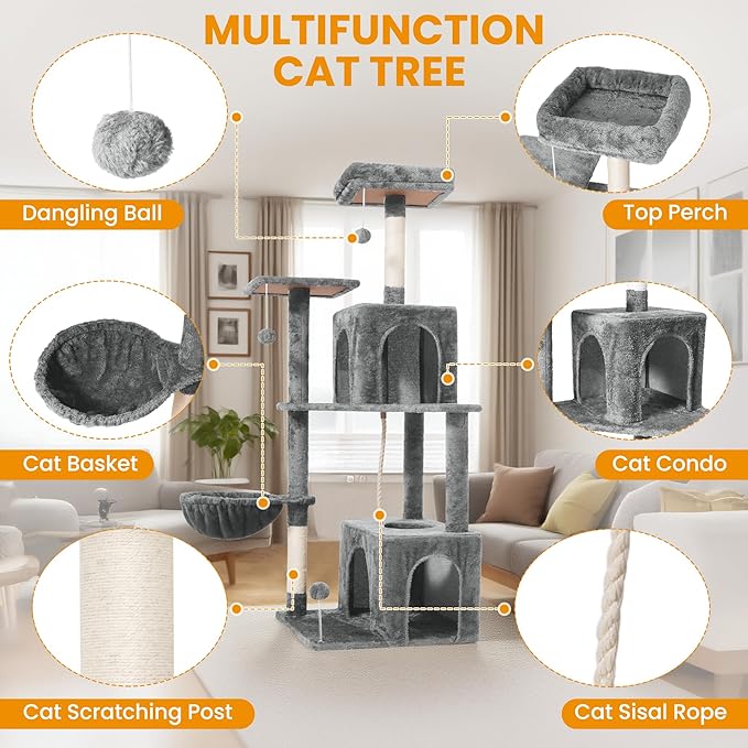 Cat Tree, 54-Inch Cat Tower for Indoor Cats, Soft Plush Multi-Level Climbing Cat Condo with Scratching Posts, Basket, Perches,2 Caves,2 Pompoms Play House for Cat(Gray)