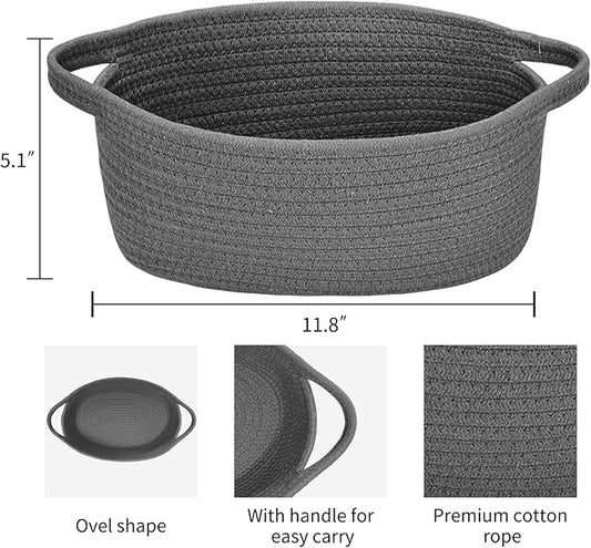 ABenkle Small Woven Storage Basket with Handles - 12"x8"x5", Decorative Rope Bin for Home Organization, Cat & Dog Toys, Shelf Storage, Gift Basket - Deep Grey