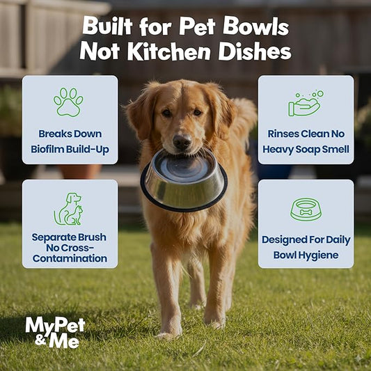 My Pet & Me Pet Bowl Cleaner Mousse, Enzyme Foaming Dog & Cat Bowl Cleaner with Built-in Brush, Rinse-Clean Pet Safe Formula for Water Fountains & Toys