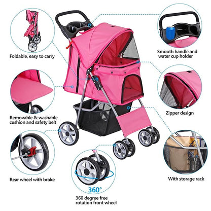 LEMY Foldable Pet Stroller,4 Wheels Cat/Dog Stroller with Weather Cover for Small/Medium Dogs and Cats,Pink Pet Strolling Cart with Storage Basket and Cup Holder