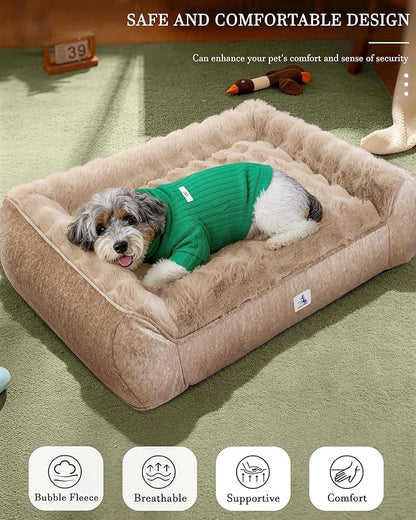 42” Dog Bed with Shredded Foam Filling, Calming Pet Sofa with Removable Washable Cover, Soft Faux Fur Bolster Couch for Dogs, Anti-Slip Bottom