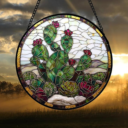Stained Glass Window Hanging,Green Cactus Purple Flowers Suncatcher Diamond Glass Panel Sun Catchers Decor for Birthday for Women, Men, Wife, Aunt, and Mom 14.9x14.9 in