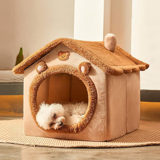 JIUPETY Cute Small Dog House Indoor, Foldable House Kennel Bed Mat with Cushion, L Size Tent for 15-20 lb Dogs and 18-22 lb Cats, Dog Cave Bed with Non-Slip Bottom, Brown