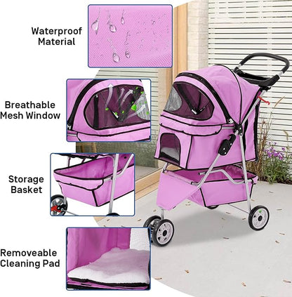 TTY Store Best 3 Wheels Pet Stroller for Dog Cat or Small Pet, Lightweight Foldable Pink