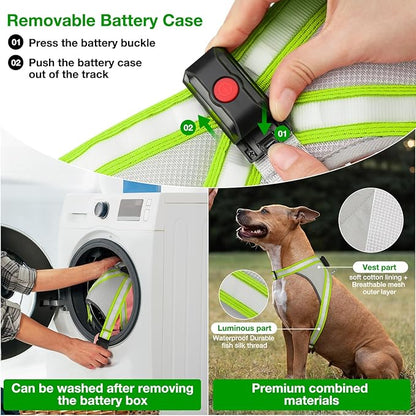 ChalkLit Light Up Dog Harness, No Pull Led Dog Harness Glow-in-The-Dark for Night Walking, USB Rechargeable Lighted Safety Vest for Medium Large Dogs, Adjustable Soft Mesh Fully Illuminated(Green, L)
