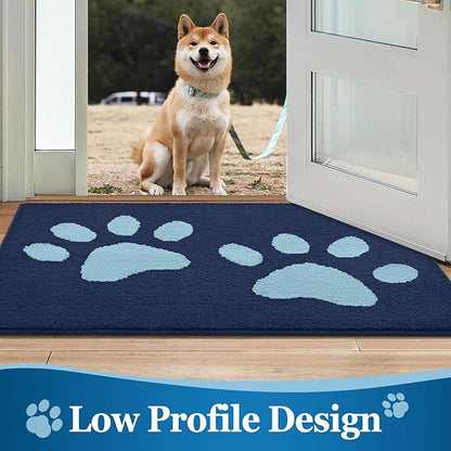 Buganda Dog Door Mat for Muddy Paws, Absorbent Dirt Trapper Washable Indoor Doormats, Non Slip Low-Profile Mud Mat for Dogs, Front Entrance Doormat for Inside Floor (30x20 Inches, Dark Blue)