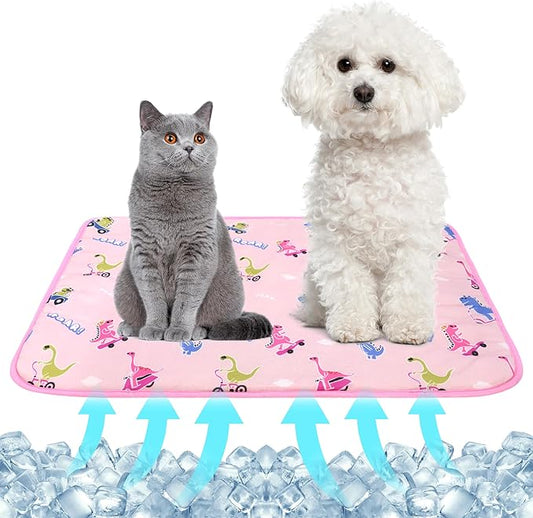 NACOCO Summer Pet Cooling Mat - Cat Dog Cushion Pad Sleeping Cool Dinosaurs Comfortable Soft for Pets Kids and Adults (Pink Dinosaur, S)