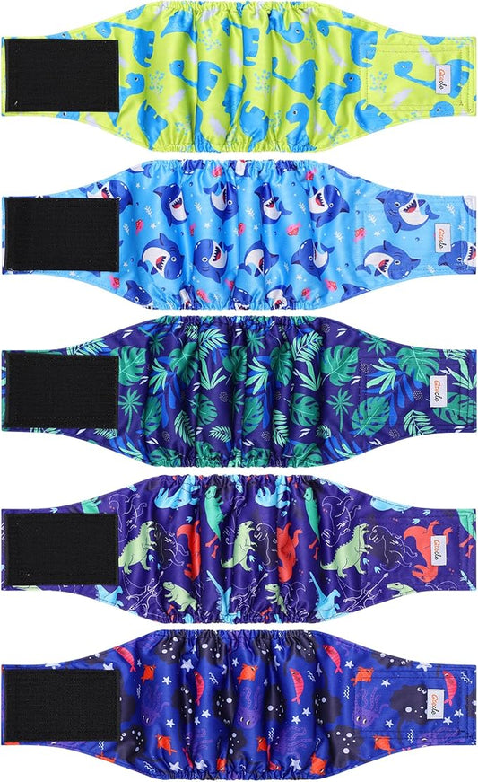 5 Pack Dog Diapers Male Reusable, Premium Belly Bands for Dogs, High Absorbing Male Dog Pee Wraps for Doggie in Incontinence or Excitable Urination Dinosaur XL