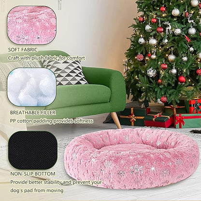 39 Inch Christmas Snowflakes Calming Dog Bed for Large Dogs, Round Anti-Anxiety Warm Bed, Soft Cozy Anti-Slip Donut Washable Pet Bed, Fits up to 100 lbs Pets