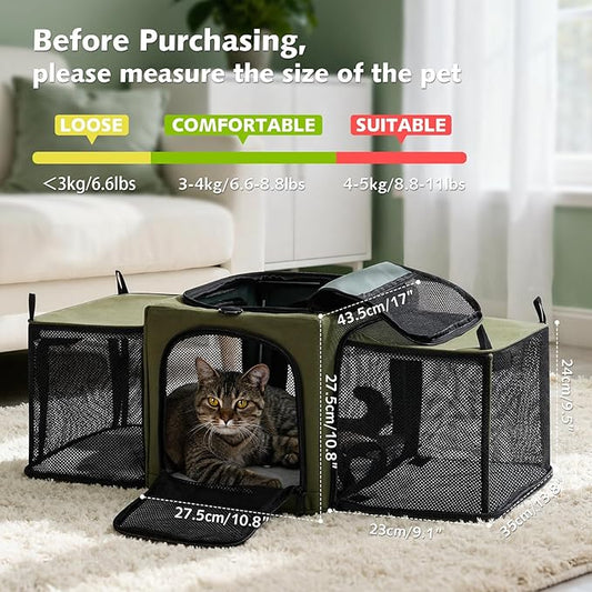 Pecute Cat Carrier Expandable, Stable Pet Carrier with 5mm Thick Steel Wire Frame, Dual-Side 200% Larger Space, Car Travel Carrier with Locking Zippers & Belt, Foldable for Storage,Green