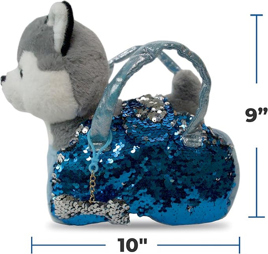 Little Jupiter Pet Plush Set with Purse w/Reversible Sequins & Charm - Stuffed Animal Toy for Kids Ages 3-7 Years - Stuffed Animal Purse - Stuffed Animals for Girls - (Husky Dog)