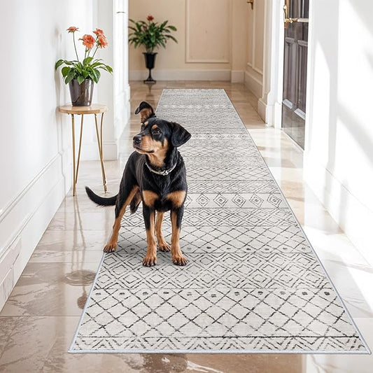 Washable Runner Rugs 3x16 - Long Hallway Runner Rug Low Pile Rug with Rubber Backing Floor Mat Non Slip Moroccan Indoor Carpet for Kitchen Bedroom Entryway 3x16 Geo Grey