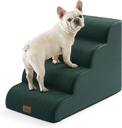 Wide Dog Stairs for Small Dog 19.7" H, Pet Step for Puppy, Older Cat, Curved Ramp for Bed, Durable Anti-Slip Ladder with High Density Foam, 4 Step, 17.7x28x19.7 inch, Dark Green