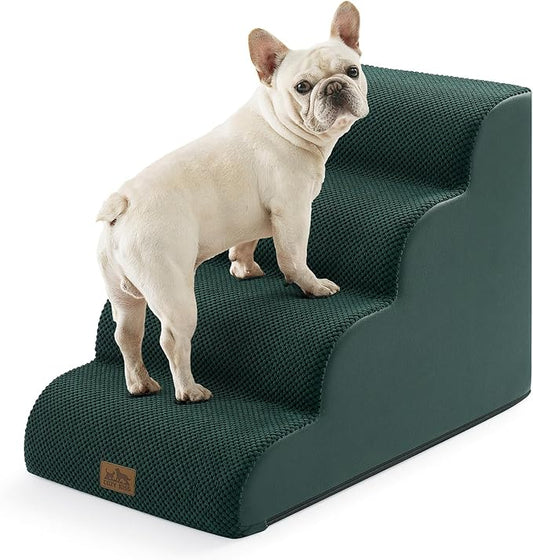 Wide Dog Stairs for Small Dog 19.7" H, Pet Step for Puppy, Older Cat, Curved Ramp for Bed, Durable Anti-Slip Ladder with High Density Foam, 4 Step, 17.7x28x19.7 inch, Dark Green