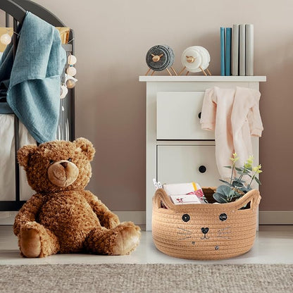 Zopeal Cat Basket Storage Woven Organizer with Ears Easter Decorative Pet Toy Cute Cotton Rope Basket for Gift Cat Dog Toy Bin Nursery Room(13.7 x 7.8 Inch,Khaki)