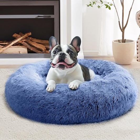 JOLLYVOGUE Calming Dog Bed for Small Dogs - 23 inches Donut Washable Small Dog Bed for Kittens & Puppies, Anti-Slip Round Fluffy Plush Faux Fur Cat Beds (Fits up to 25 lbs Pets, Navy Blue)