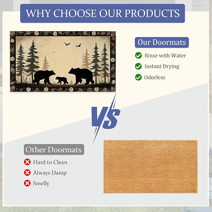 Door Mat, Bear Family Rugs for Front Door,Non-Slip Vintage Forest Low Profile Indoor Outdoor Welcome Mat for Entry Patio, Porch, Hallways,Kitchen 30 x 17 Inch