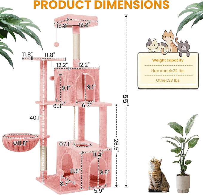 Cat Tree, 54-Inch Cat Tower for Indoor Cats, Soft Plush Multi-Level Climbing Cat Condo with Scratching Posts, Basket, Perches,2 Caves,2 Pompoms Play House for Cat(Pink)
