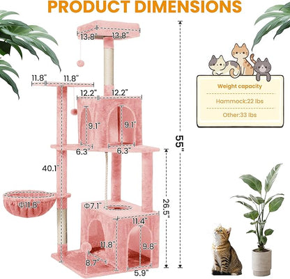Cat Tree, 54-Inch Cat Tower for Indoor Cats, Soft Plush Multi-Level Climbing Cat Condo with Scratching Posts, Basket, Perches,2 Caves,2 Pompoms Play House for Cat(Pink)