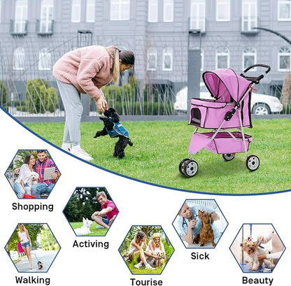 TTY Store Best 3 Wheels Pet Stroller for Dog Cat or Small Pet, Lightweight Foldable Pink