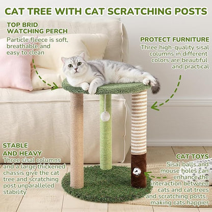 WOOCHPET Cat Tree Tower with 3 Scratcher Posts 17inch Tall Cat Tree Sisal Scratching Posts with Fun Cat Toys for Kitty and Adult Cats Small Cat Tower and Perch Bed for Indoor Cats (Green)
