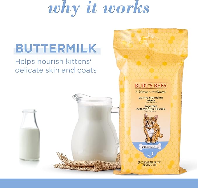 Burt's Bees for Pets Kitten Grooming Wipes with Buttermilk and Honey, Waterless Cat Bath Wipes for Face, Paws, Tail and Coat Cleaning, Gentle Bath Alternative for Indoor Felines, 50 Count - 6 Pack