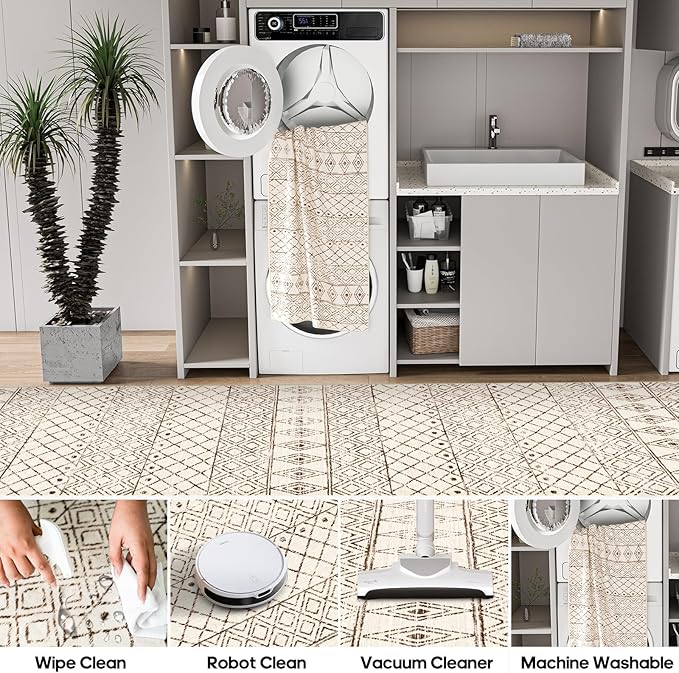 3x6 Washable Kitchen Runner Rug: Non Slip Moroccan Hallway Runners - Low Pile Soft Farmhouse Neutral Carpet for Bedroom Entryway Laundry 3x6 Geo Beige