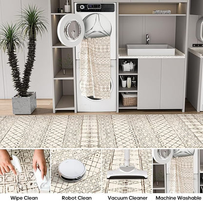 Washable 4x12 Runner Rug Hallway: Moroccan Non Slip Extra Long Rugs - Pets Friendly Runners Low Pile Soft Carpet for Kitchen Bedroom Entryway Laundry 4x12 Geo Beige