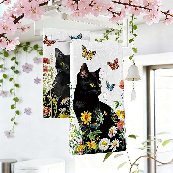 Spring Summer Black Cat Floral Kitchen Dish Towels Set of 2, Daisy Flower Butterfly Drying Hand Towel Baking Cooking Cloth, Wildflower Bathroom Home Decoration Pet Cat Owner Lover Gift 18''x26''