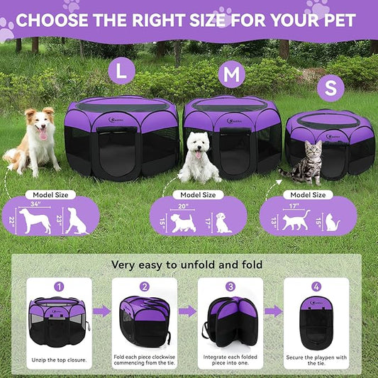 Large Dog Playpen, Puppy Pet Playpen Indoor, Dogs Tent Crates Cage Indoor/Outdoor, Portable Pop Up Dog Kennel Playpen with Carrying Case for Dogs/Cats/Rabbits, Purple