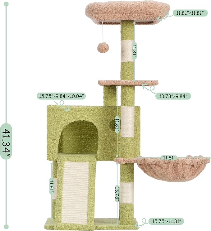 Gitelsnour Cat Tree, 41.3" Cat Tower for Indoor Kittens with Scratching Board and Posts, Multi-Level Cozy Cat Condo with 2 Perches, Hammock, Balls, Green and Yellow GCT005SGY