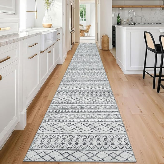 KUTA Long Hallway Runner Rug 2.6x18 Non-Slip Washable, Moroccan Vintage Grey Boho Kitchen Rugs Ultra Soft Distressed Geometric Floor Carpet Runners for Bedroom Laundry Stairway Entryway